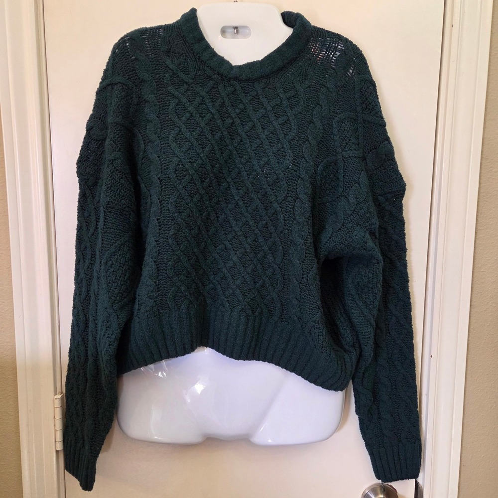 Pink Rose Forest Green Cable Knit Cropped Sweater Large 4S27213 Crew Neck